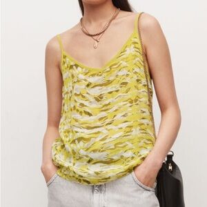 Allsaints Yellow Green Army Camo Print V-Neck Tami Oniyuri Cami Tank Top Shirt